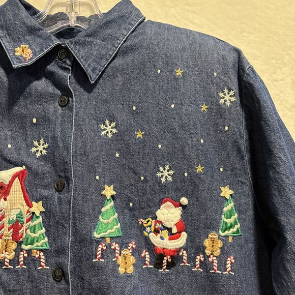 Karen Scott Denim Christmas Shirt Women's Medium Santa Claus Embroidered - Picture 3 of 16
